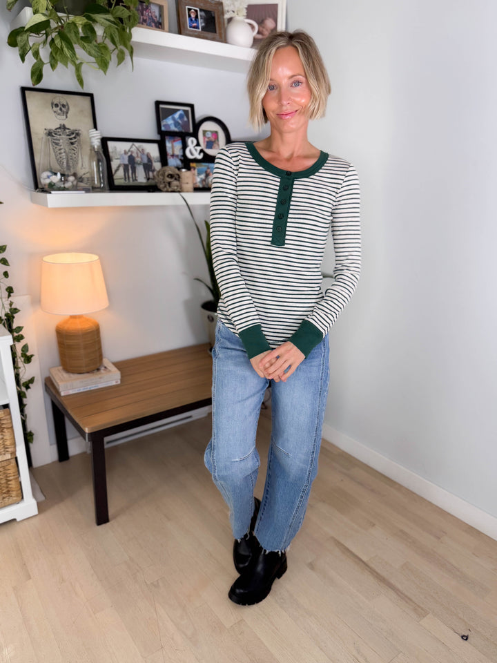 Aurora Waffle Henley Long Sleeve- GREEN/OATMEAL