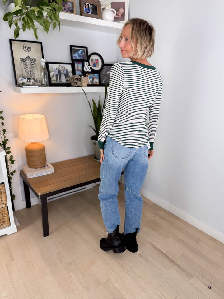 Aurora Waffle Henley Long Sleeve- GREEN/OATMEAL