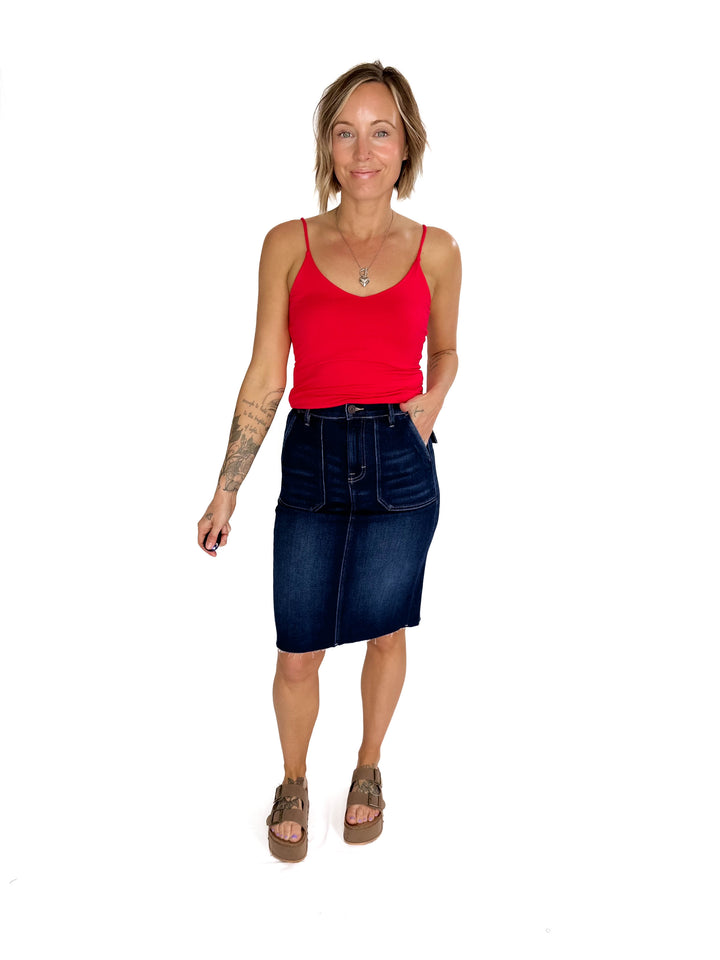 HIDDEN JEANS Mayci Denim Midi Skirt- DARK WASH-FINAL SALE