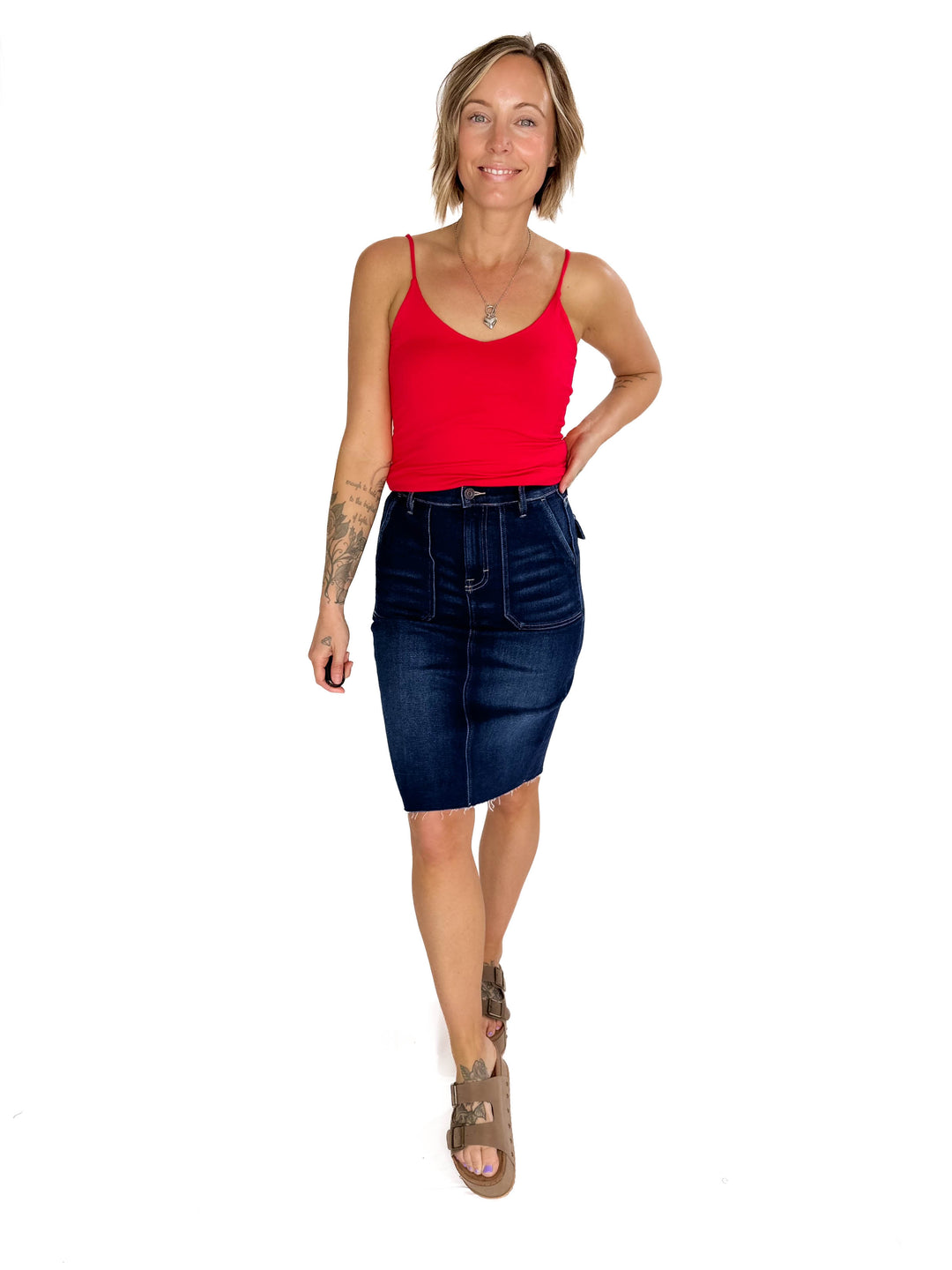 HIDDEN JEANS Mayci Denim Midi Skirt- DARK WASH-FINAL SALE