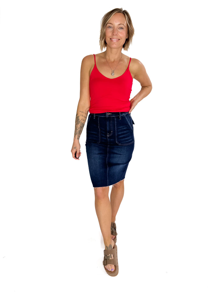 HIDDEN JEANS Mayci Denim Midi Skirt- DARK WASH-FINAL SALE