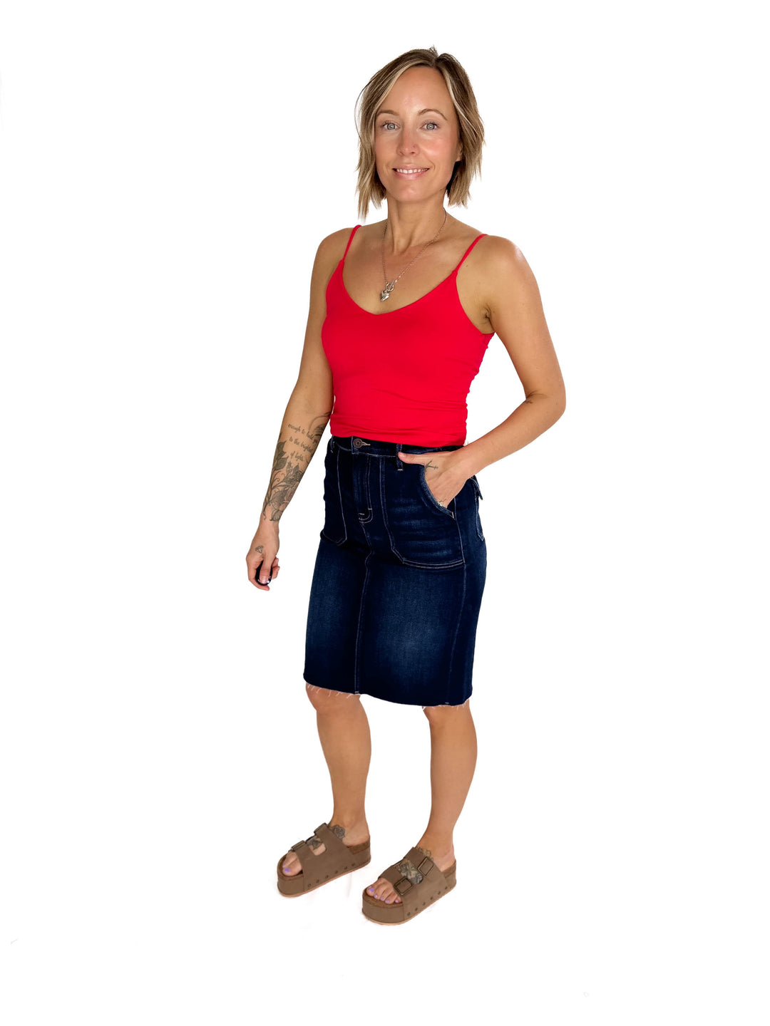 HIDDEN JEANS Mayci Denim Midi Skirt- DARK WASH-FINAL SALE