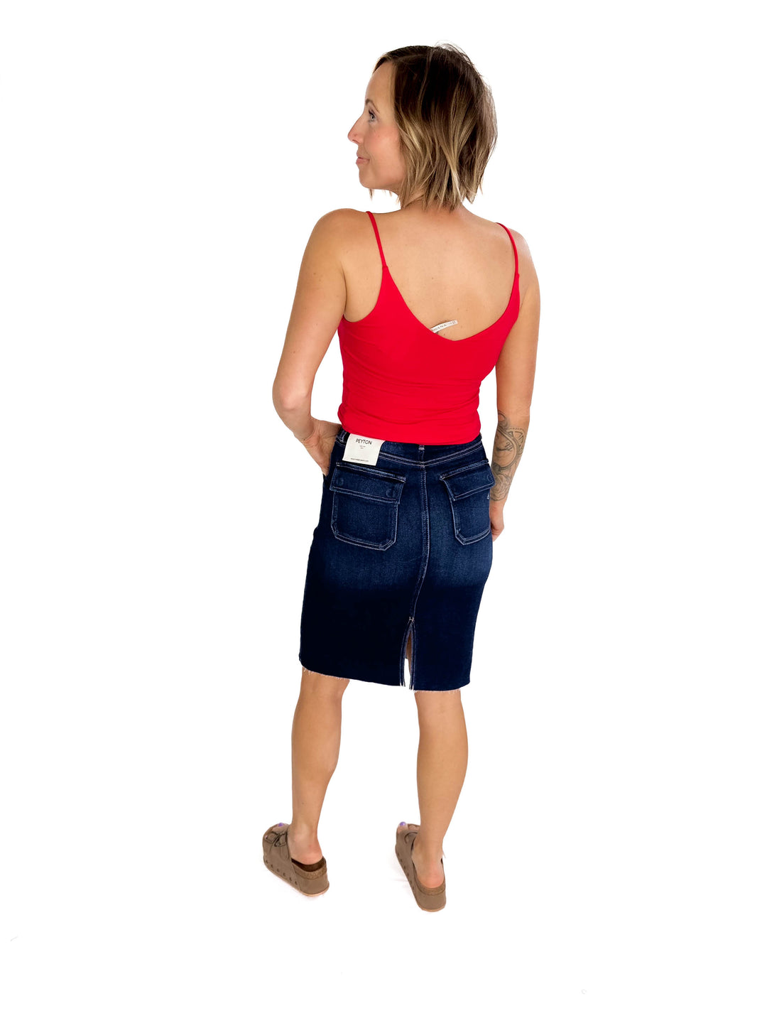 HIDDEN JEANS Mayci Denim Midi Skirt- DARK WASH-FINAL SALE