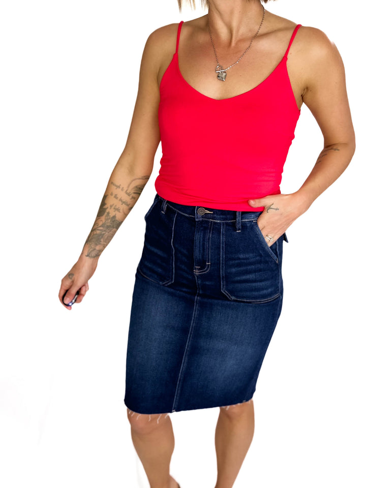 HIDDEN JEANS Mayci Denim Midi Skirt- DARK WASH-FINAL SALE