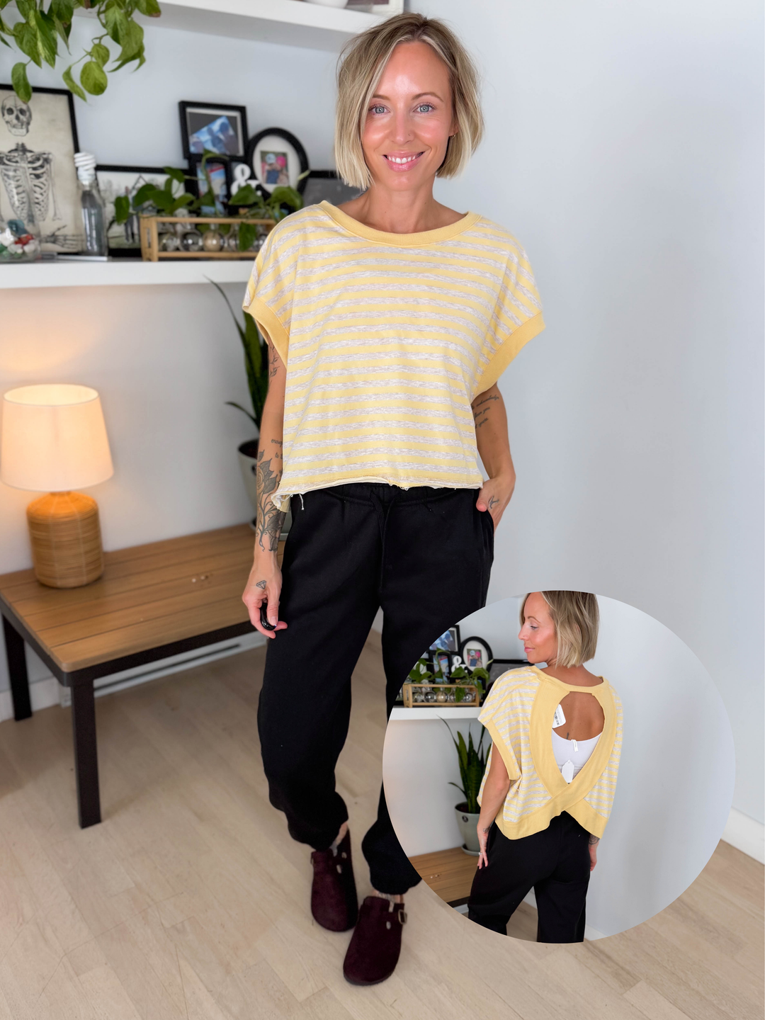Melissa Striped Terry Open Back Top- YELLOW/HEATHER OATMEAL-FINAL SALE