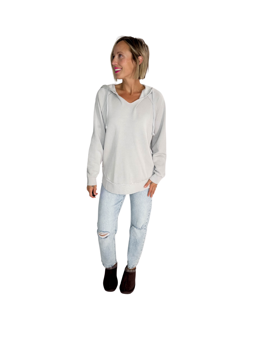 September Sky Split Hem Hoodie- LIGHT GREY