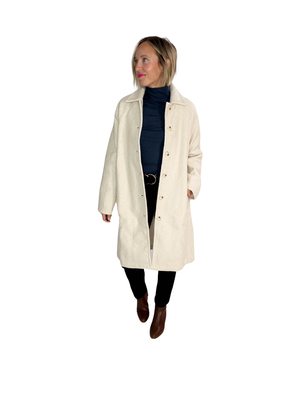 Frosty Boucle Long Button Coat- ECRU OATMEAL