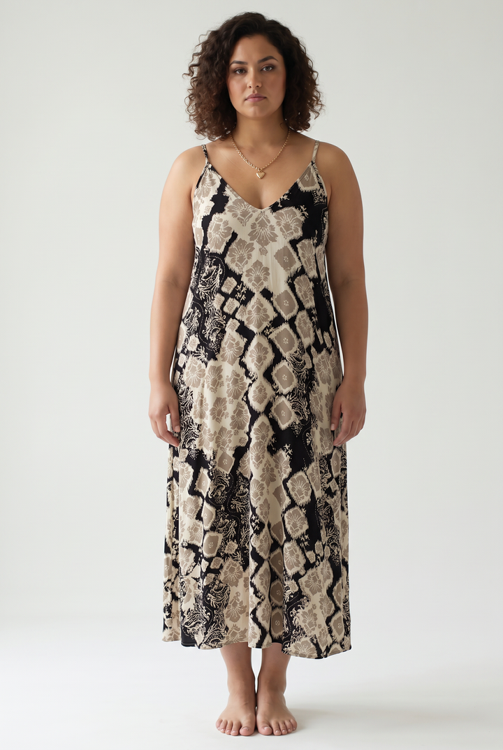 The Original V-Neck Cocoon Maxi Dress- BOHO BLACK/KHAKI