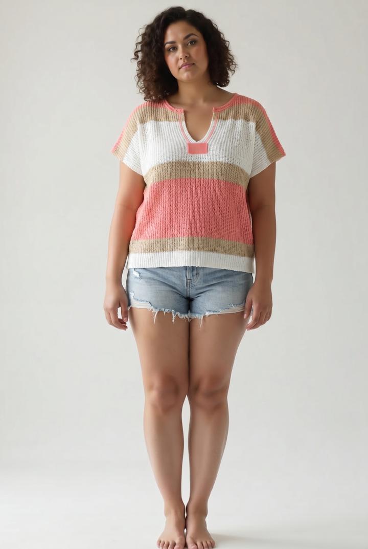 Reeta Notch V Short Sleeve Sweater