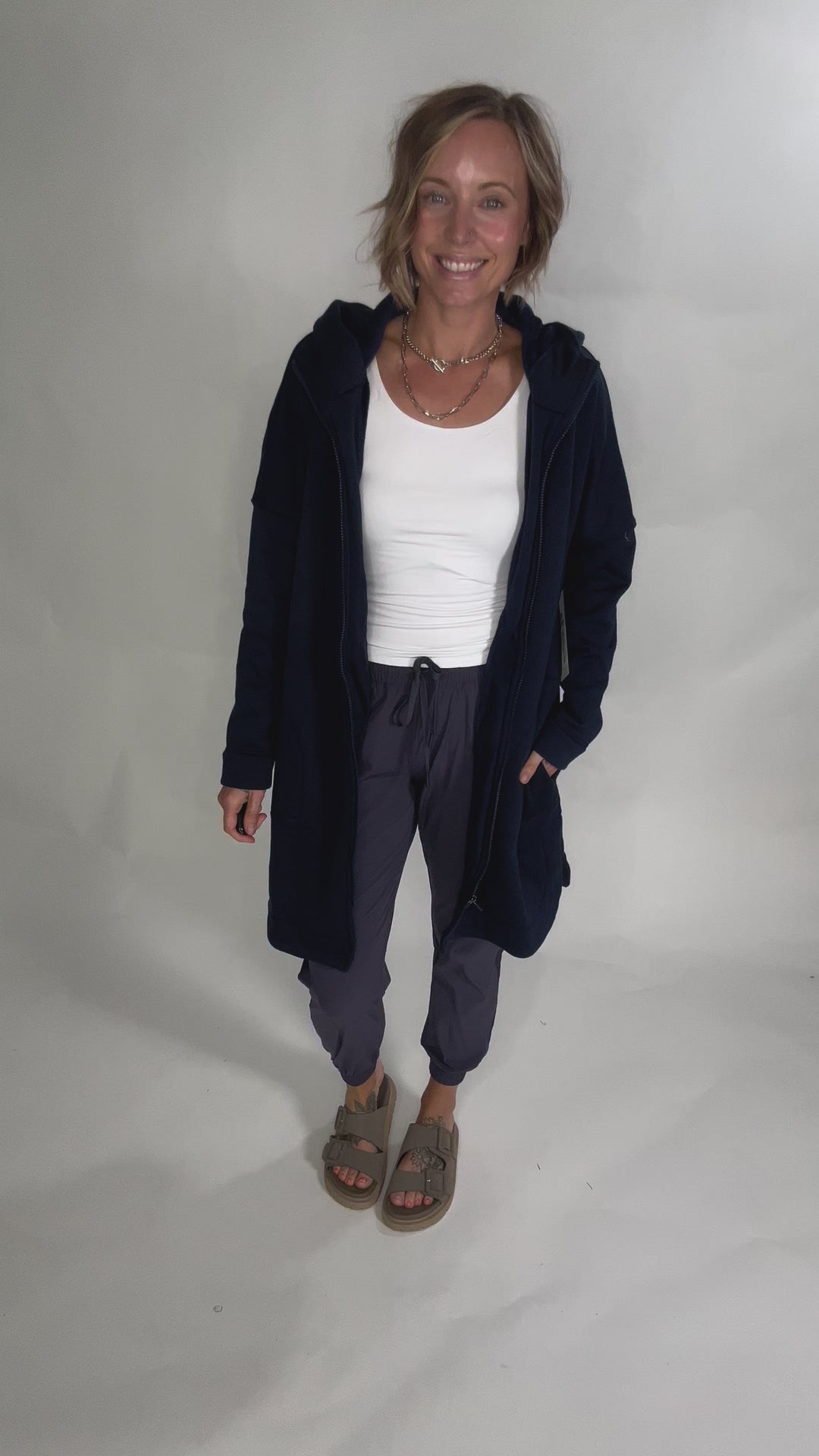 MONO B Nelly Longline Zip-Up Jacket With Hood- NAVY-FINAL SALE