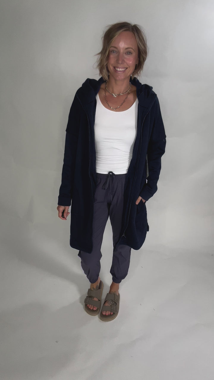 MONO B Nelly Longline Zip-Up Jacket With Hood- NAVY-FINAL SALE
