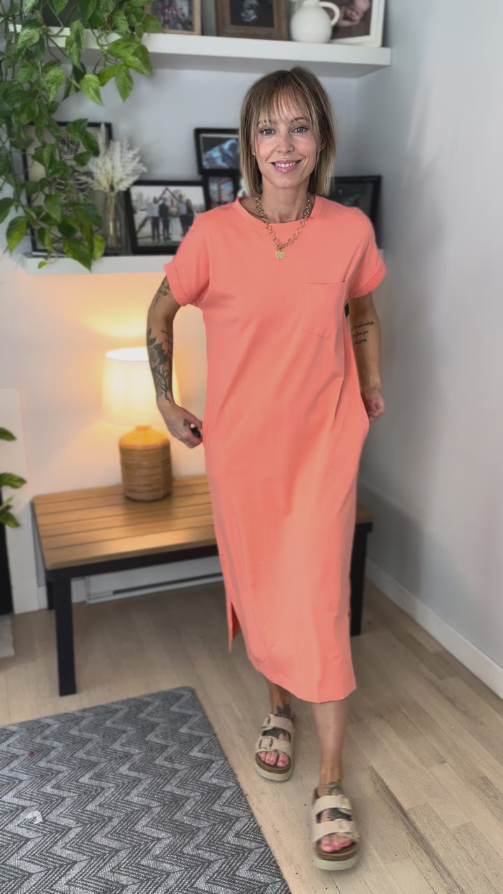 Yara Stretch Cotton Midi Dress- CORAL