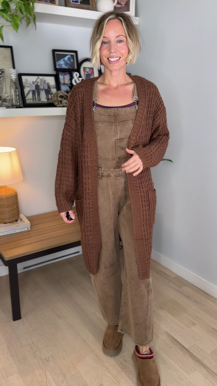Brandi Long Waffle Knit Cardigan- BROWN