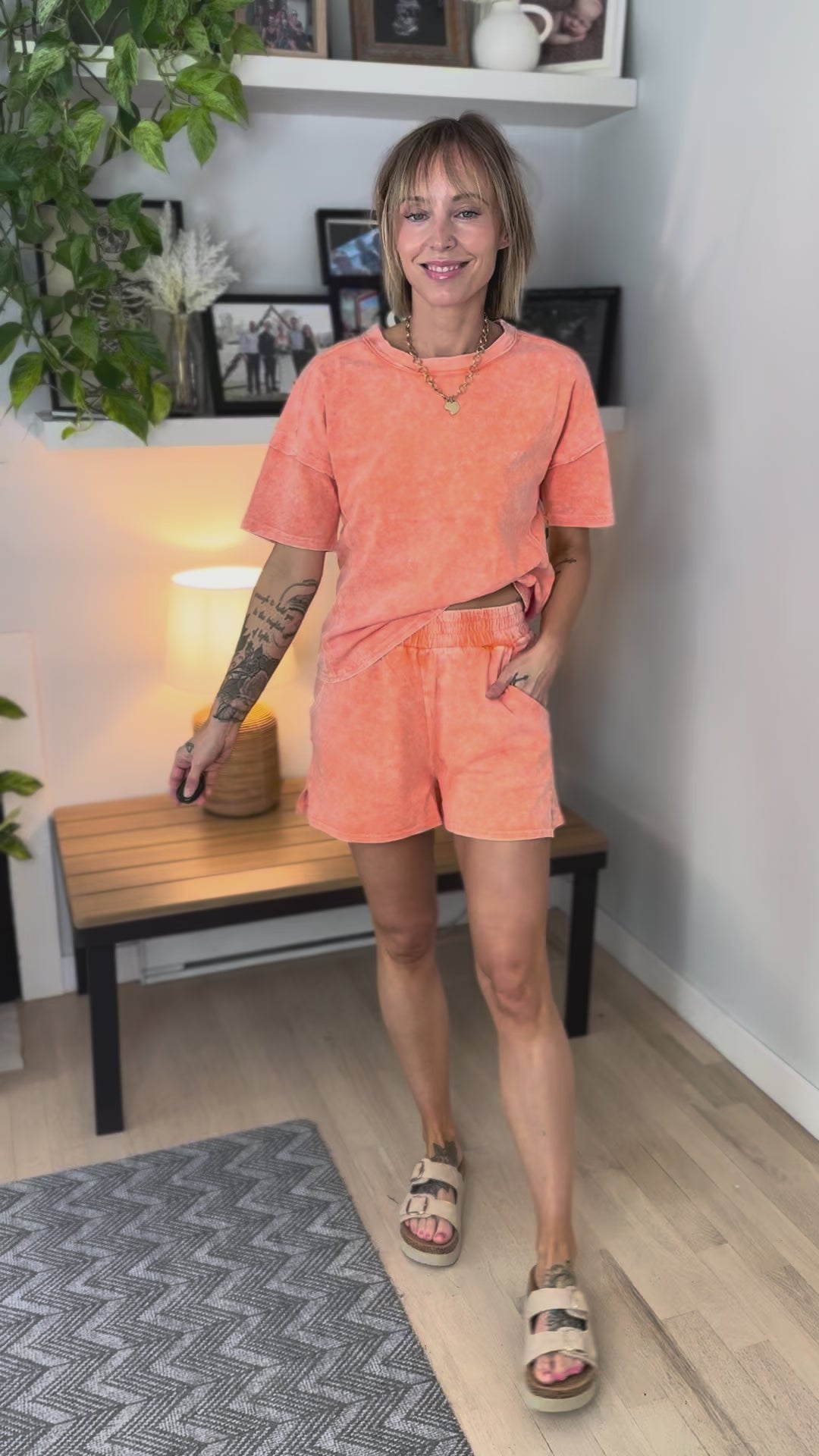 Tatiana Washed Cotton Top and Short Set- CORAL ORANGE