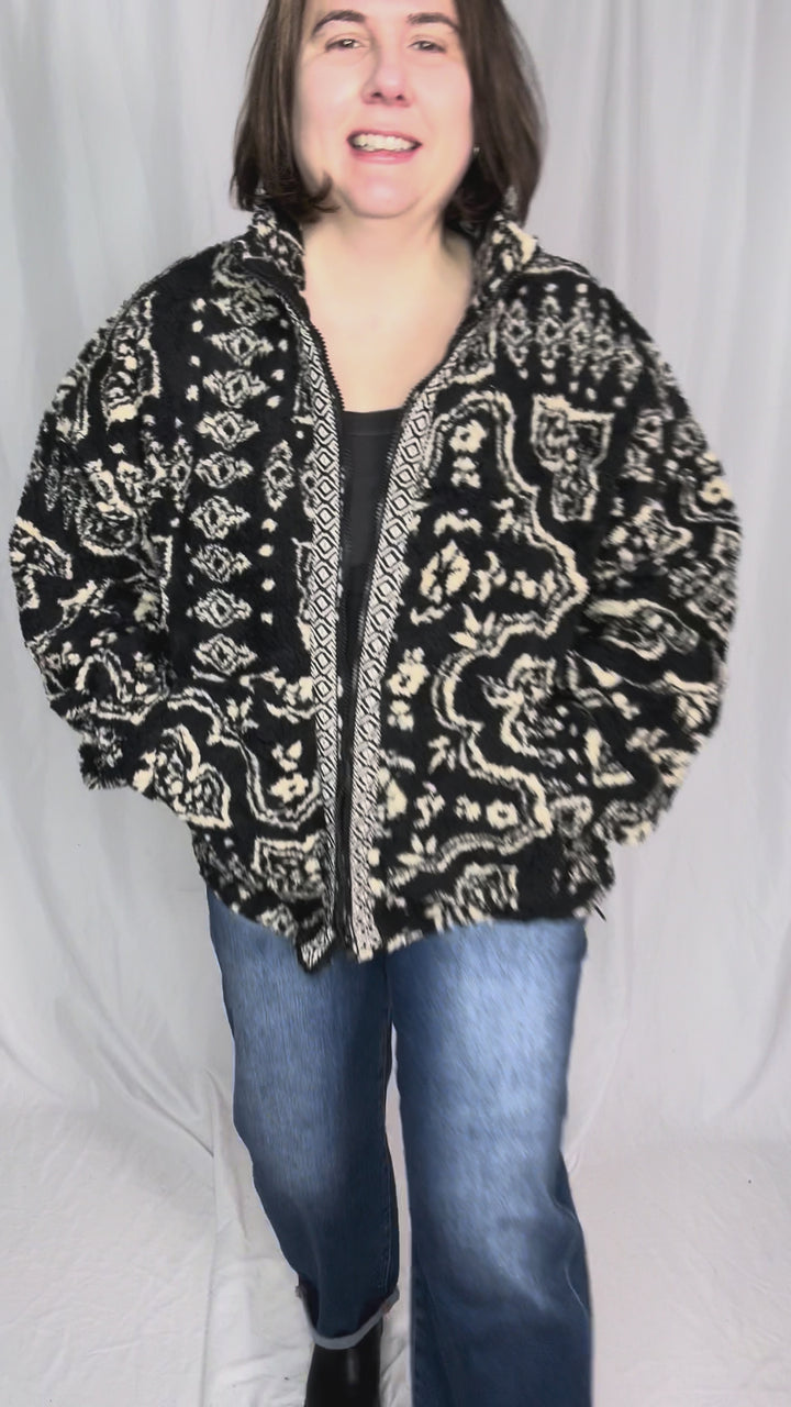 Hailey Oversized Boho Print Sherpa- BLACK MULTI