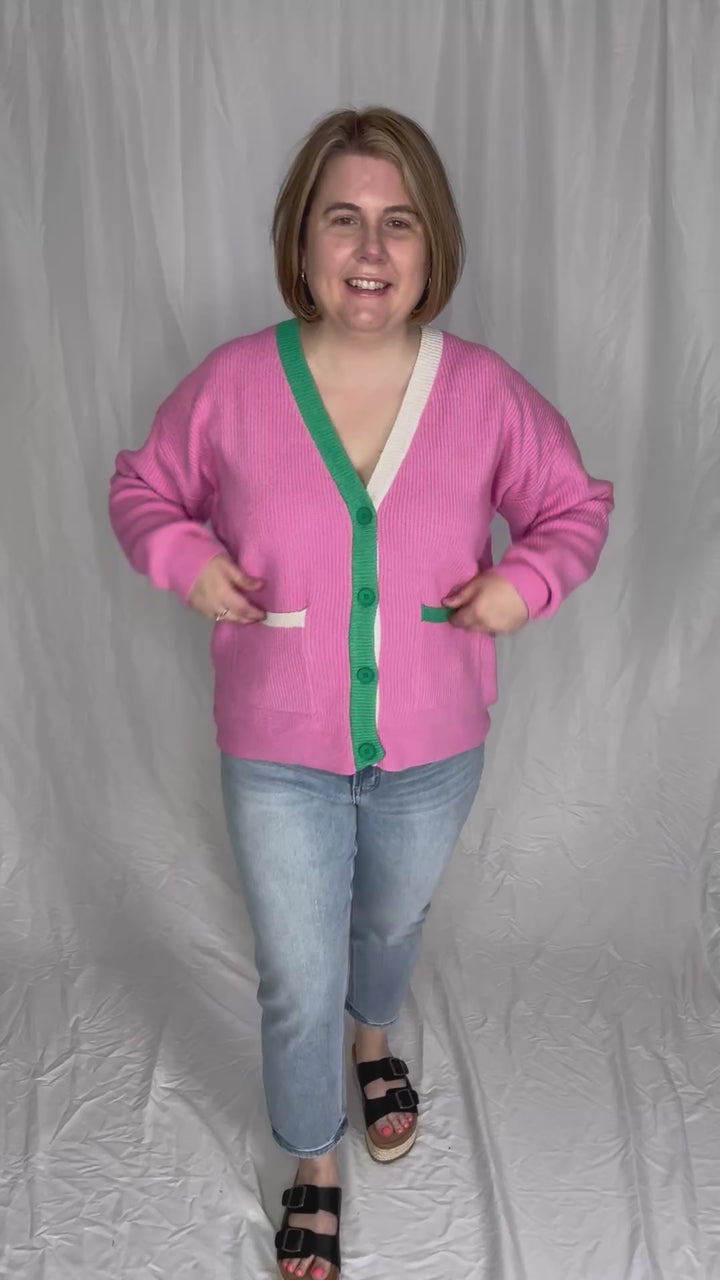 Jane Knit Button Sweater- PINK COMBO