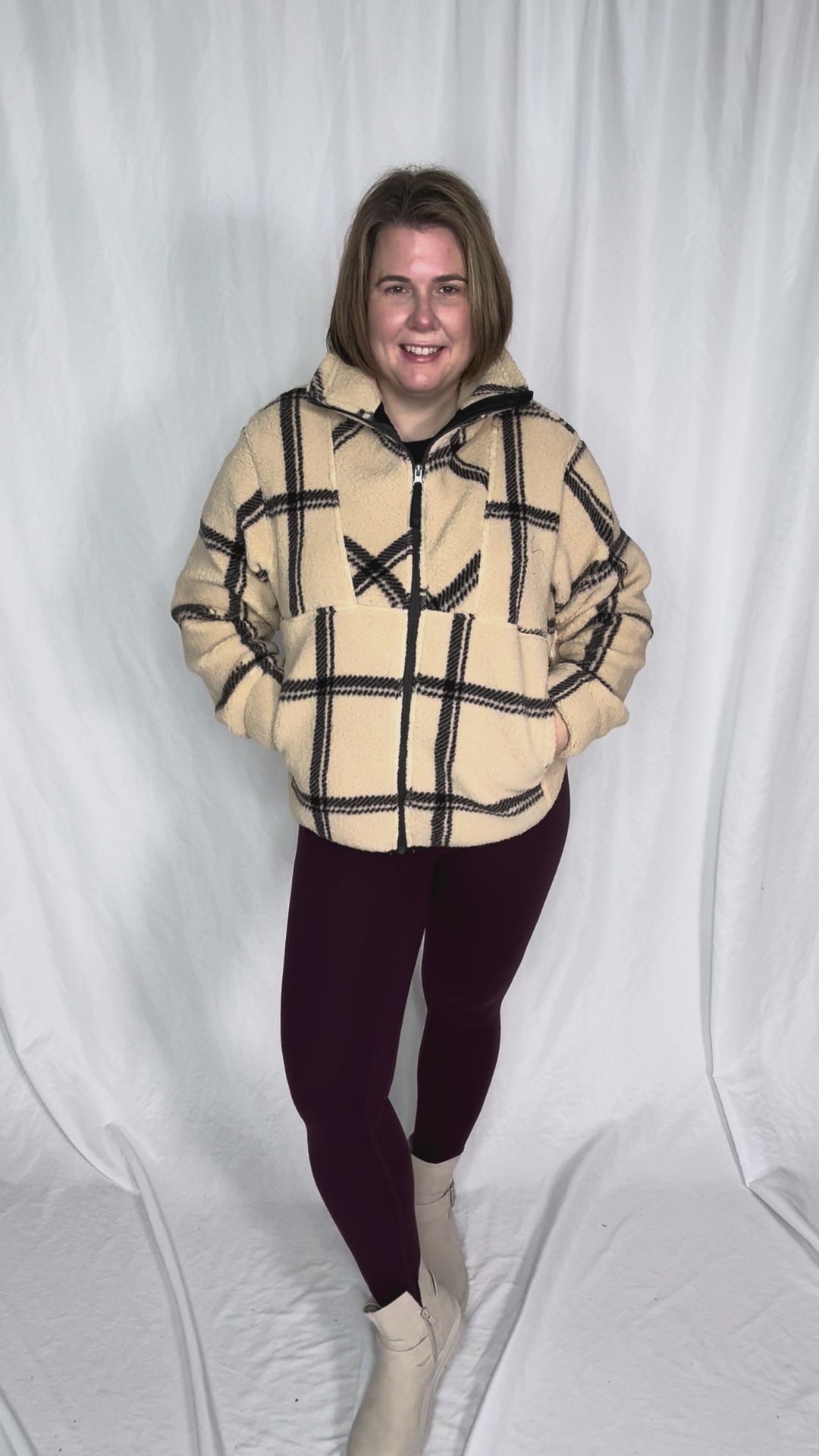 Ainsley Plush Sherpa Full Zip- WOOD ASH PLAID