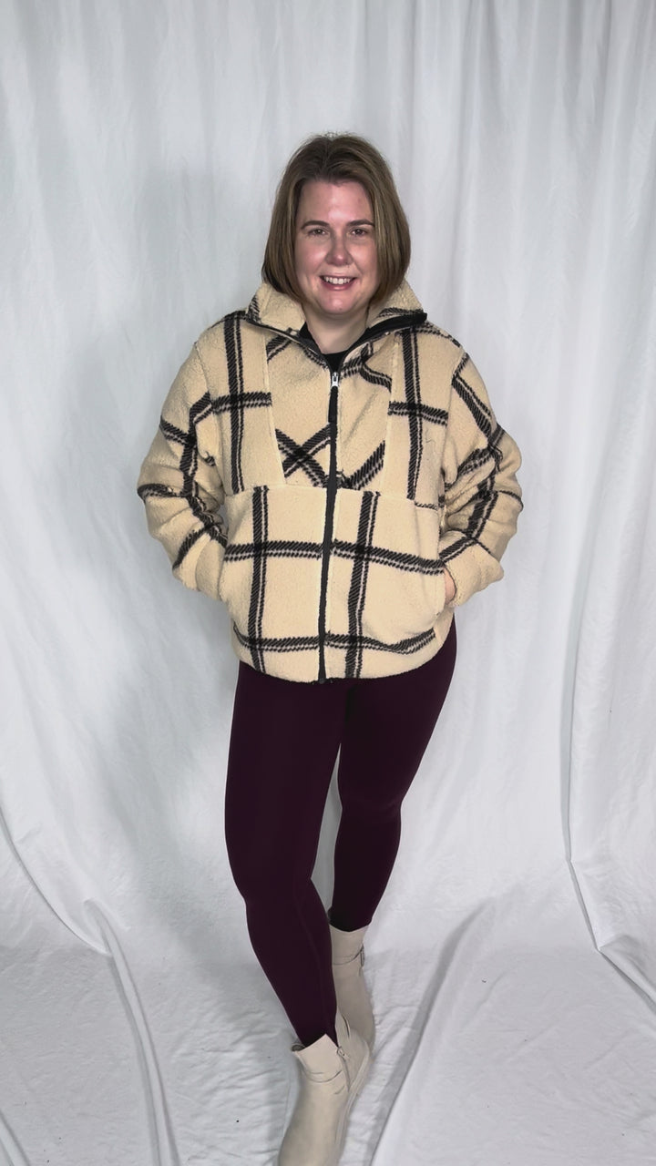 Ainsley Plush Sherpa Full Zip- WOOD ASH PLAID