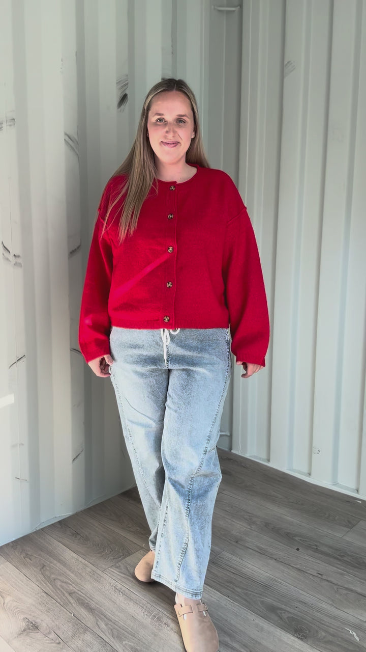 Laurel Button Down Sweater- RED
