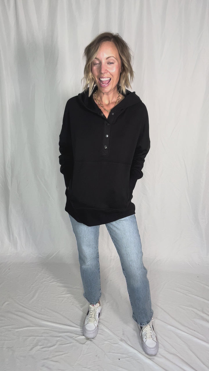 Farrah Fleece Half Button Hooded Sweatshirt- BLACK