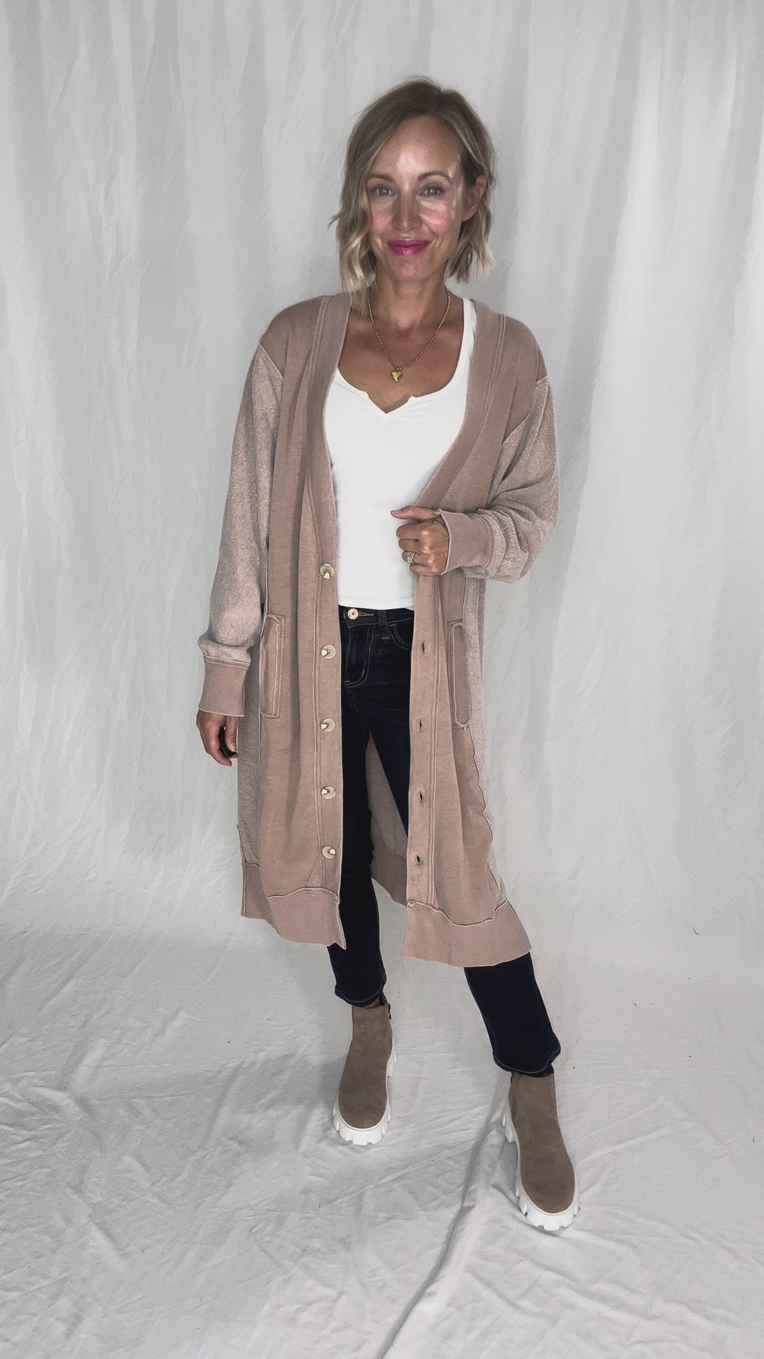 Desi Sweatshirt Cardigan- TAUPE