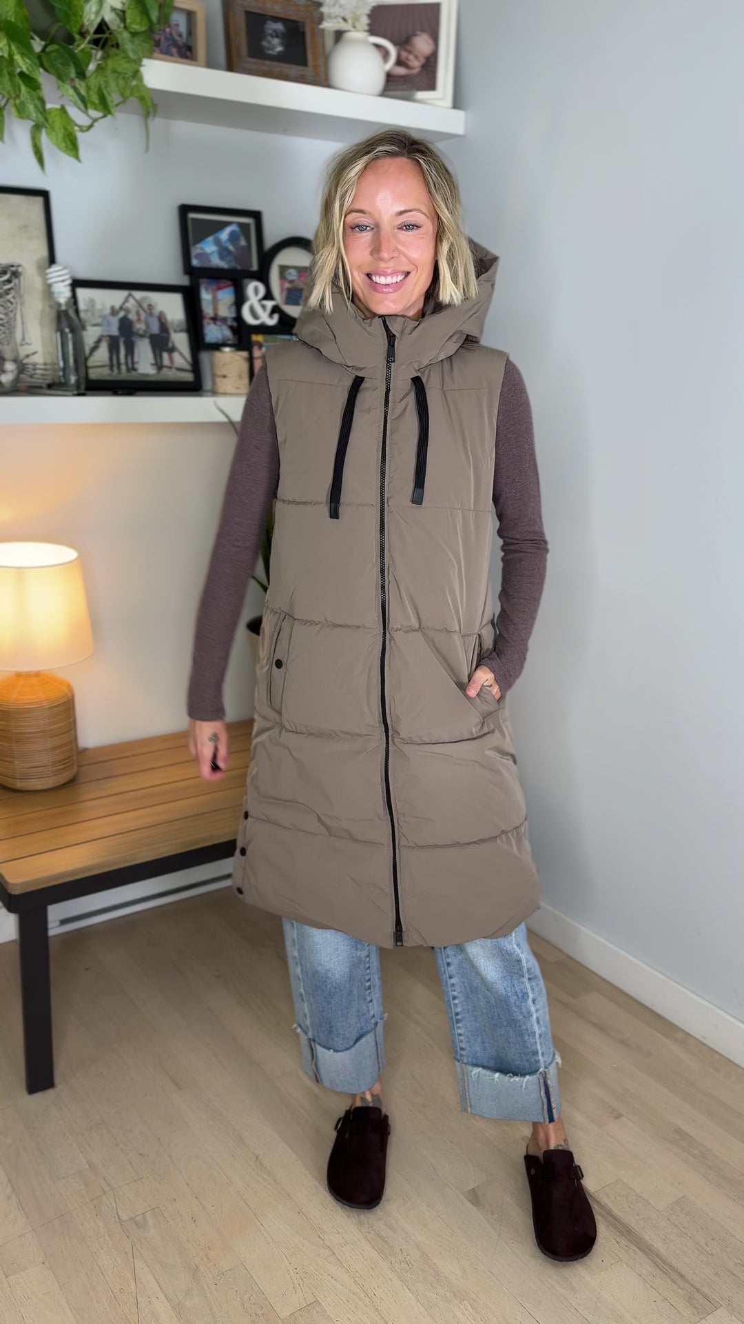 ONLY Blair Long Hooded Puffer Vest- WALNUT