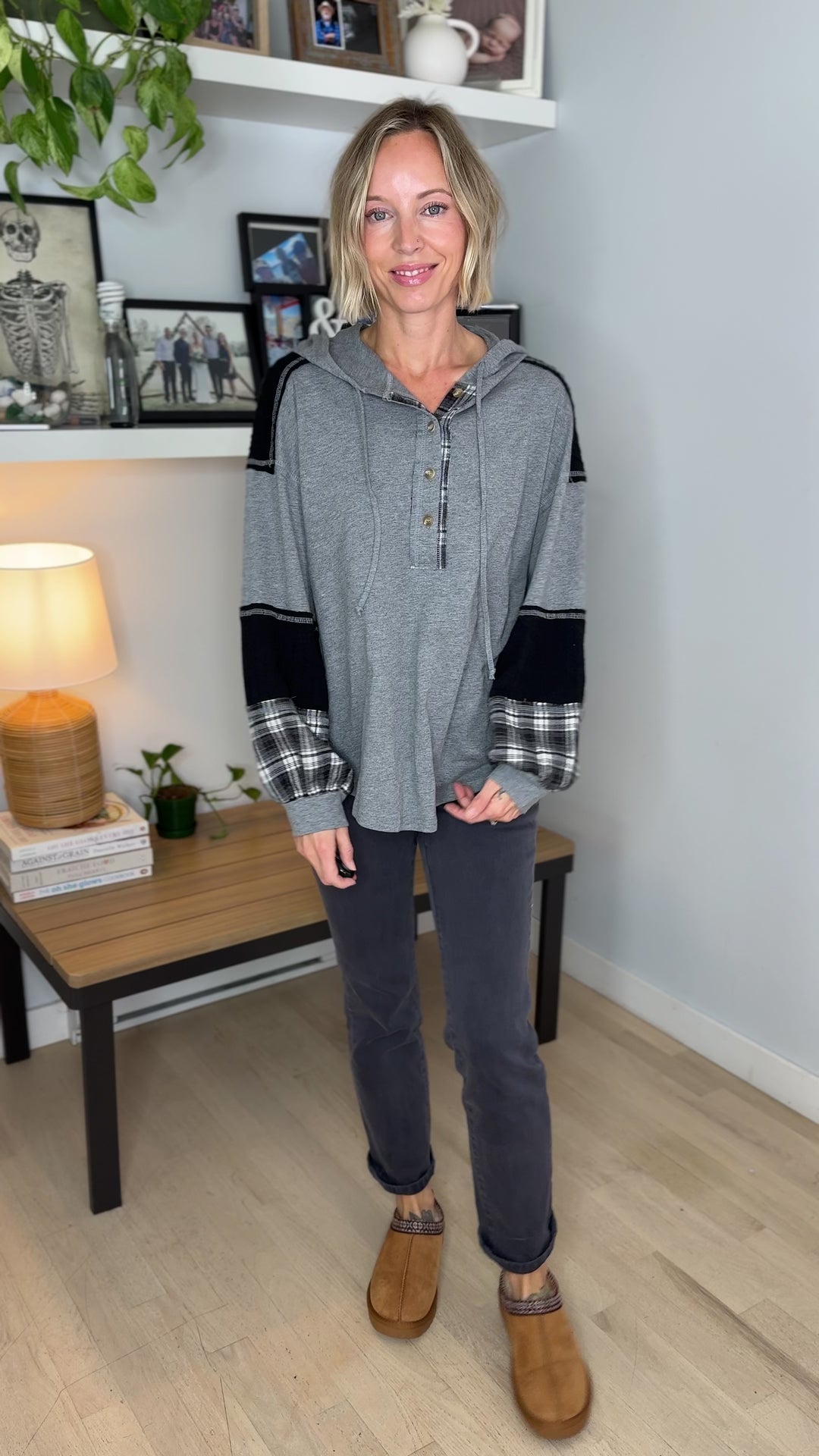 Maren Plaid Cotton Hoodie- HEATHER GREY