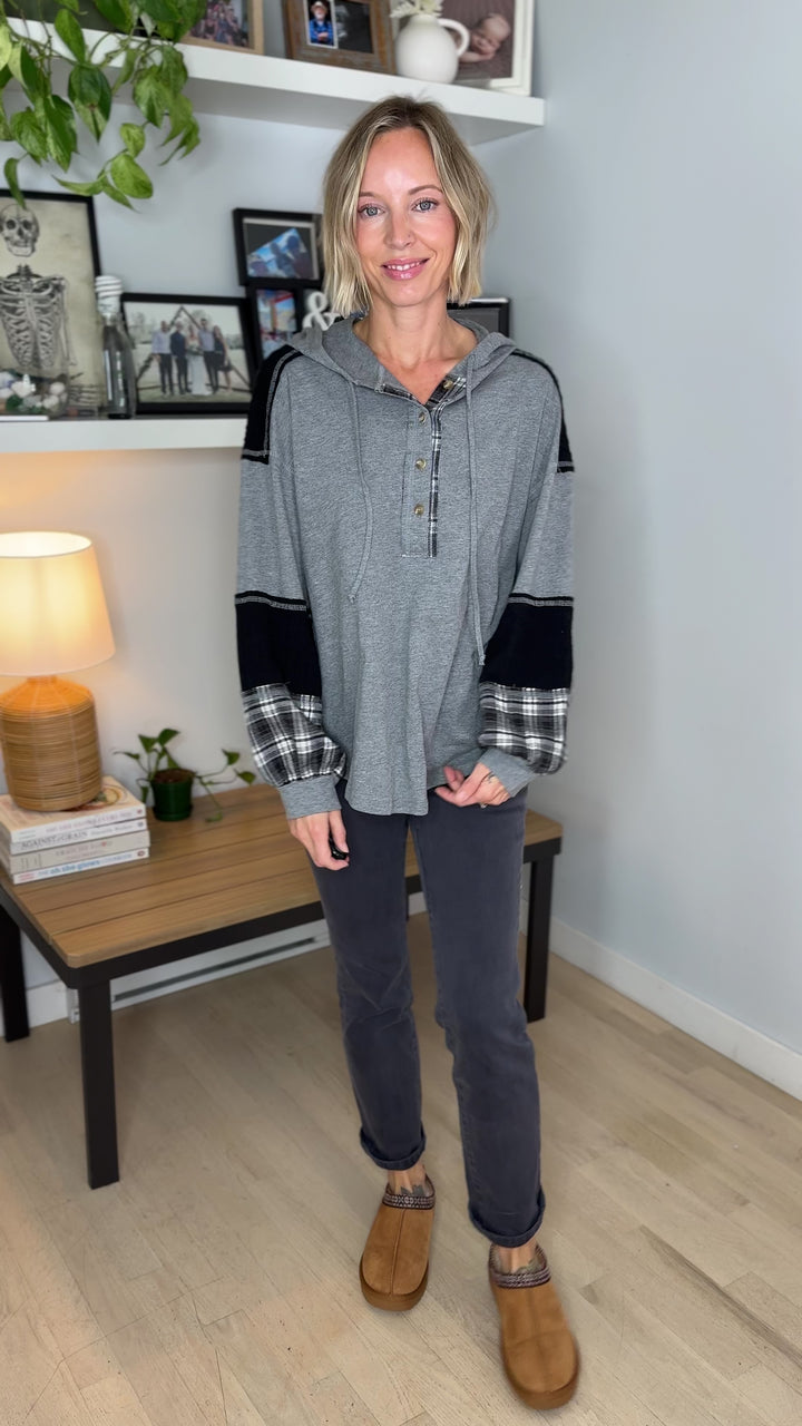 Maren Plaid Cotton Hoodie- HEATHER GREY