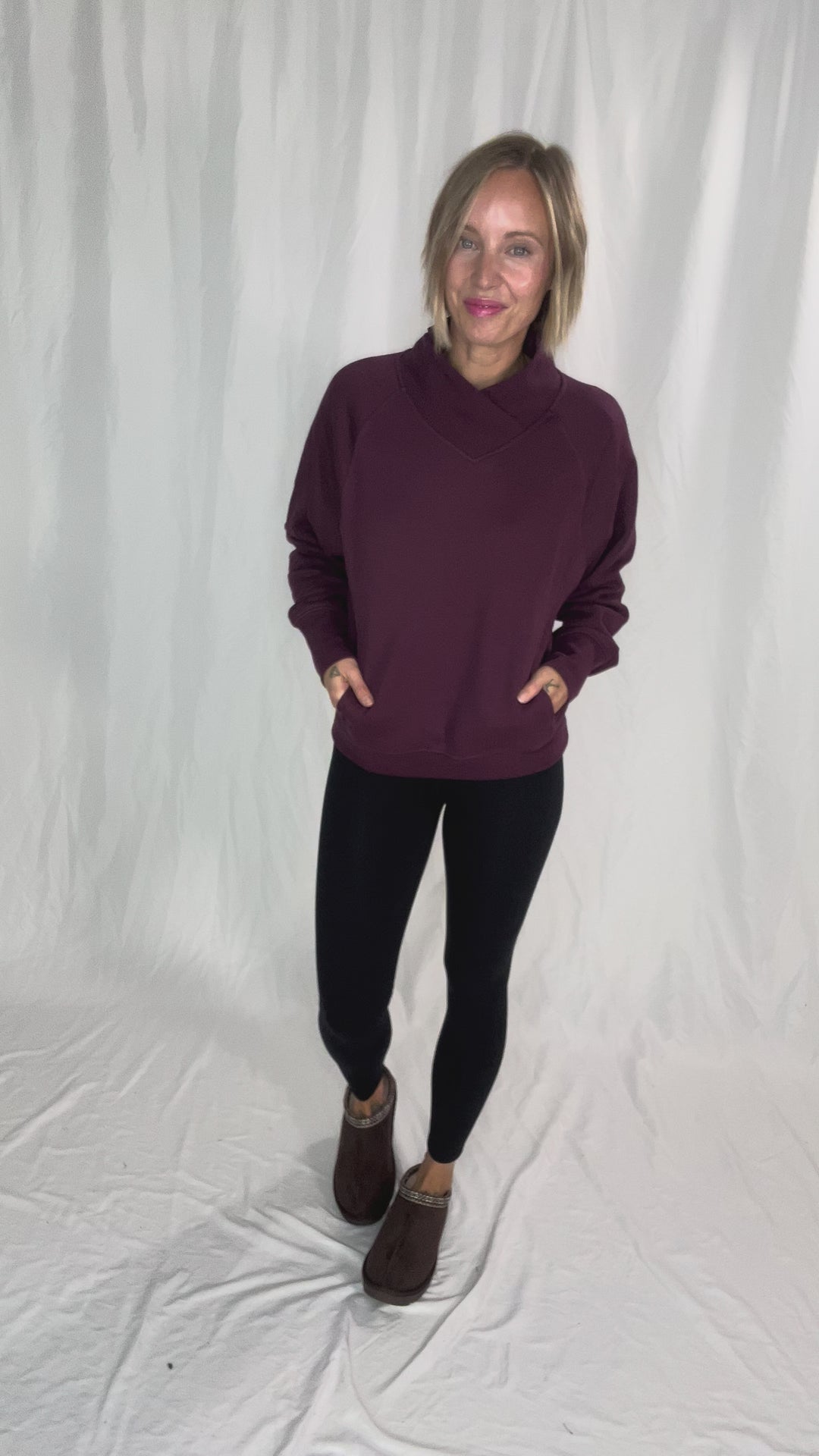 MONO B Heartline Fleece Mock Neck Sweater- DARK PLUM