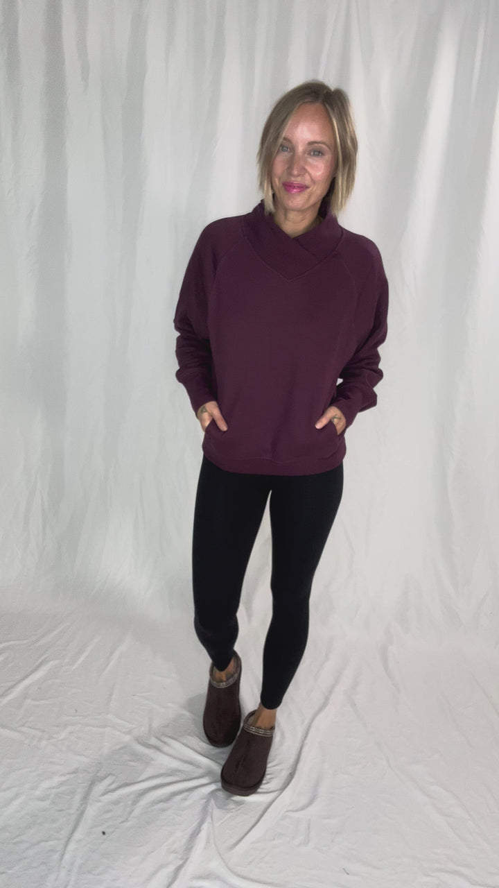 MONO B Heartline Fleece Mock Neck Sweater- DARK PLUM