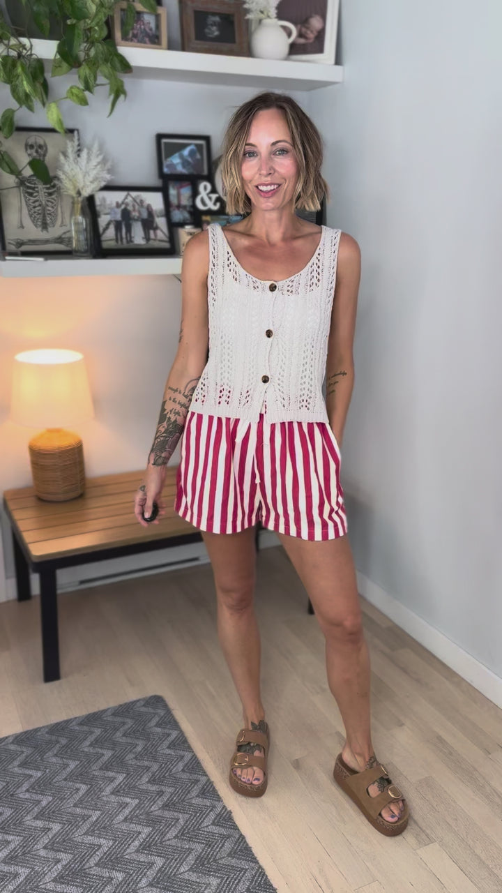Maria Stripe Twill Denim Shorts- RED