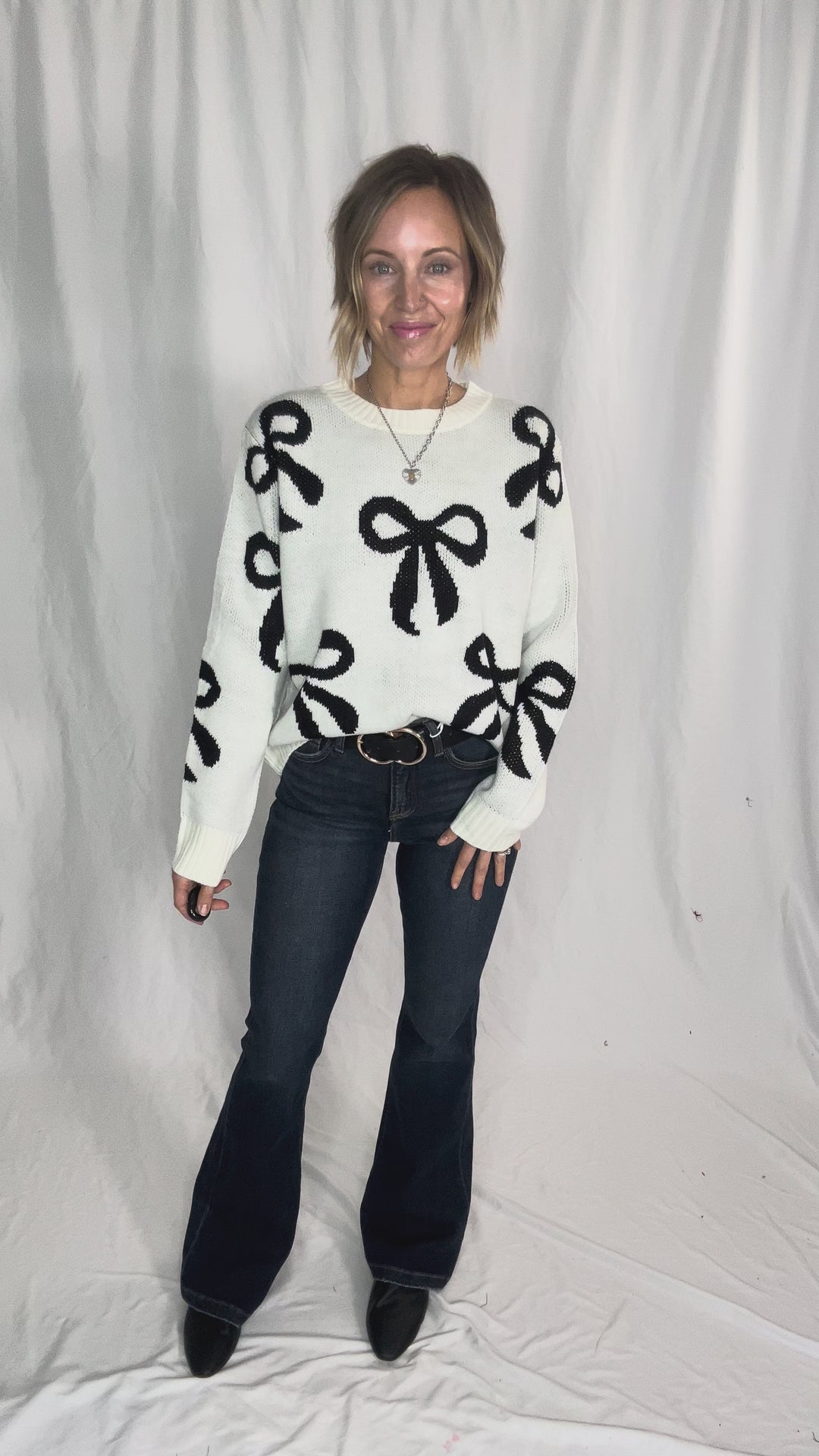 Holiday Bows Knit Sweater- CREAM