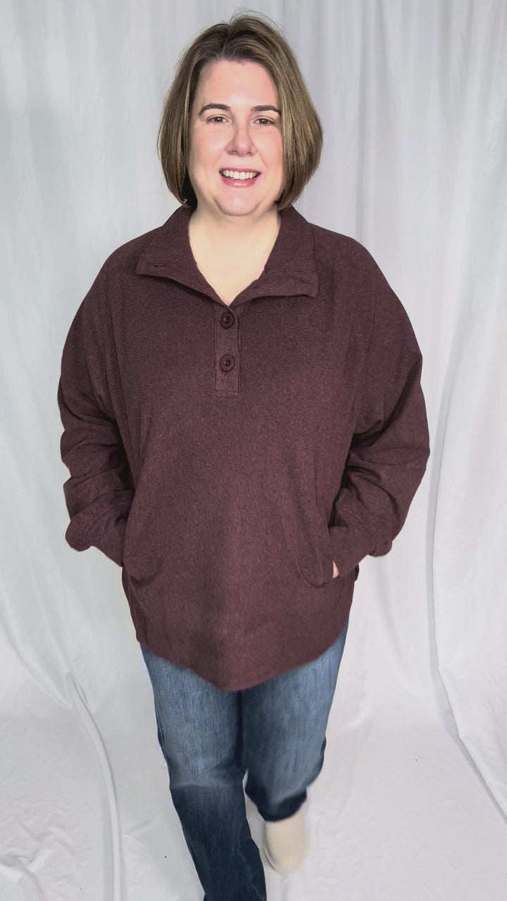 Rove Rib Brush Mock Neck Pullover- DARK CHERRY