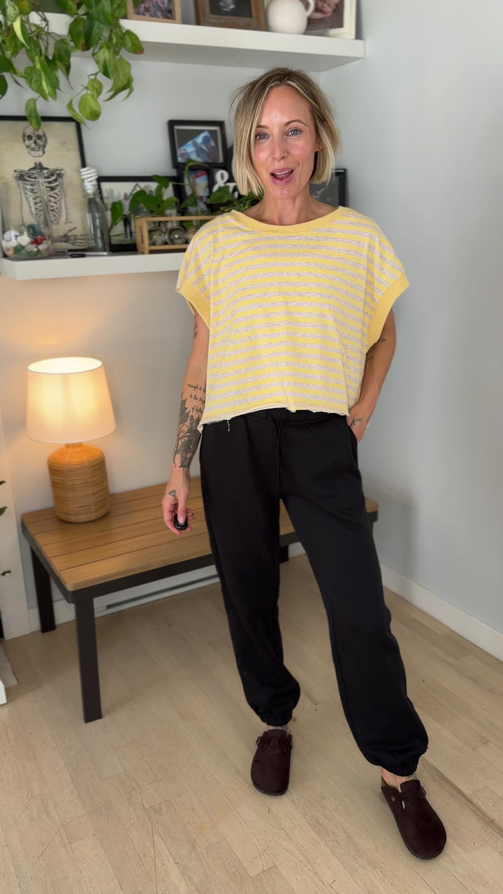 Melissa Striped Terry Open Back Top- YELLOW/HEATHER OATMEAL-FINAL SALE