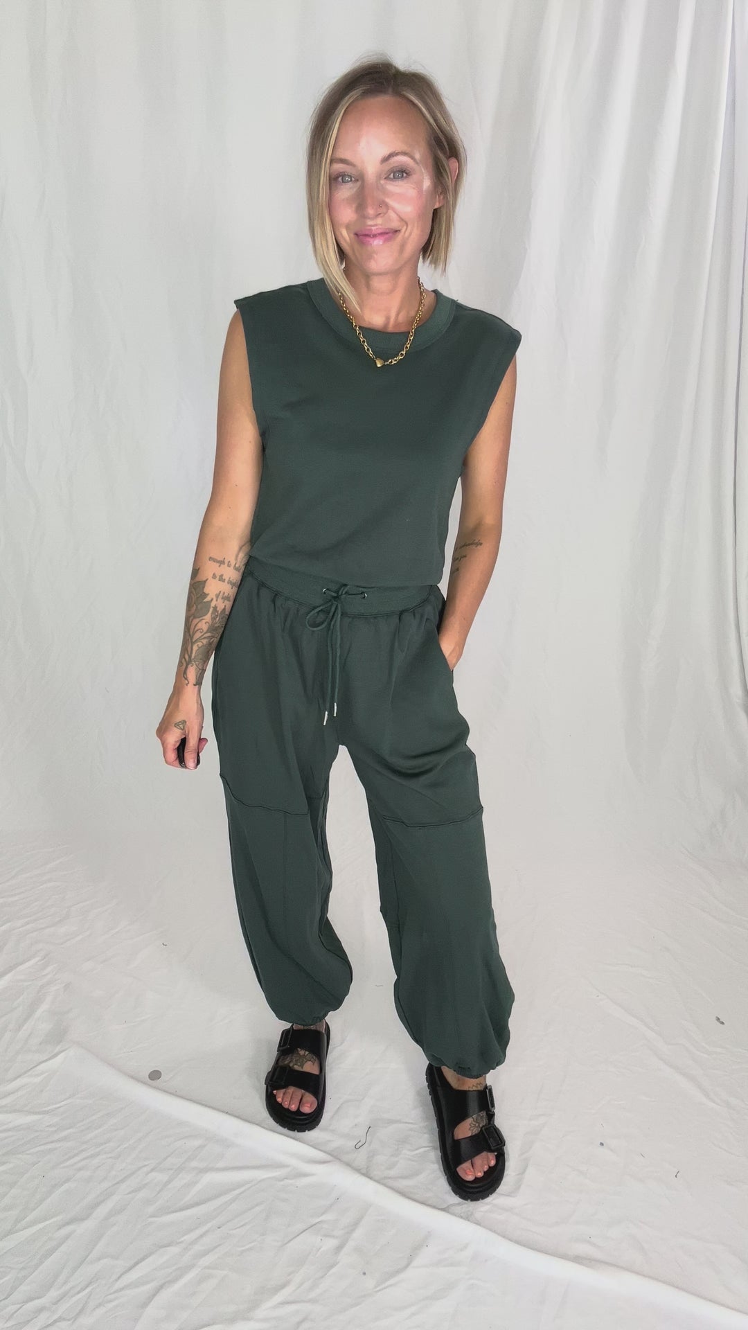 Lisa Drawstring Waist Knit Active Jumpsuit- HUNTER GREEN