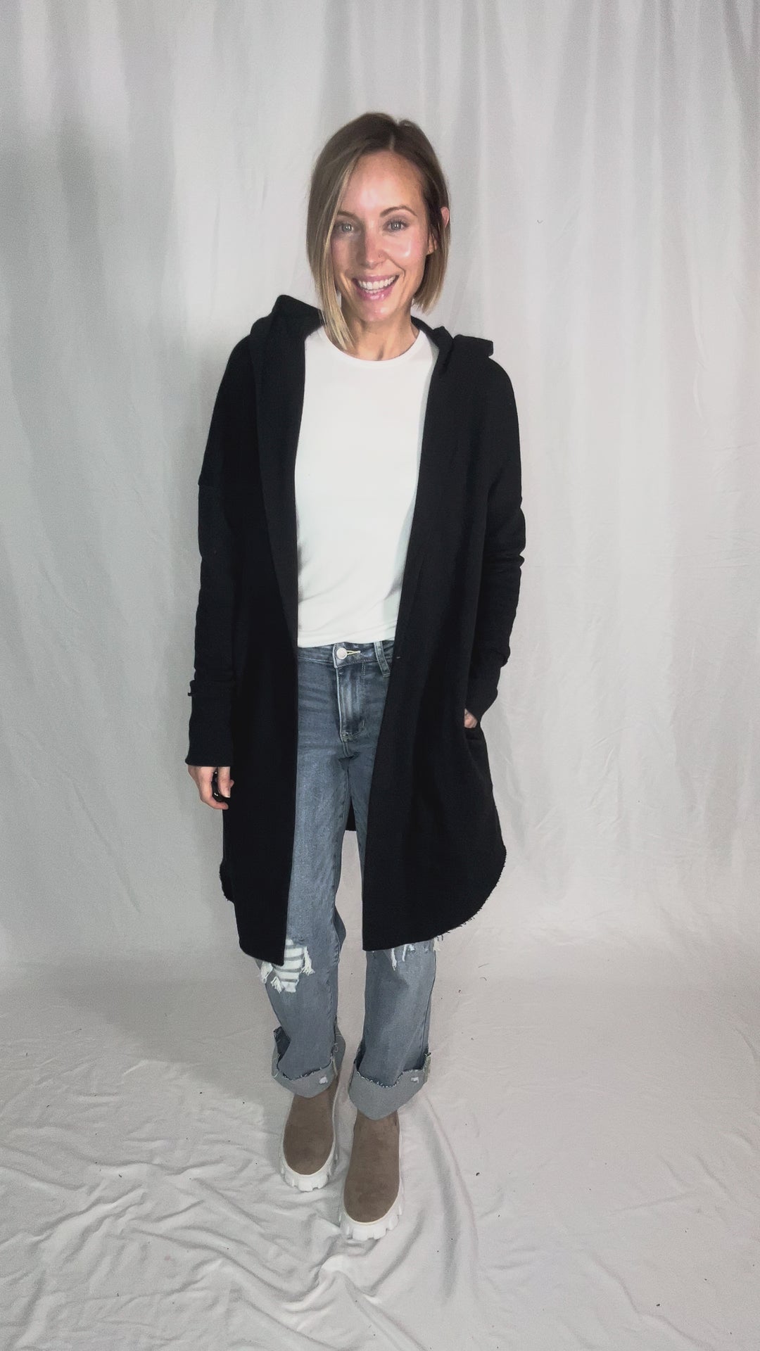 MONO B Whistler Longline Hoodie Cardigan- BLACK