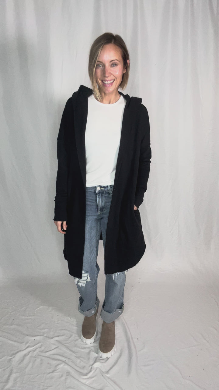 MONO B Whistler Longline Hoodie Cardigan- BLACK