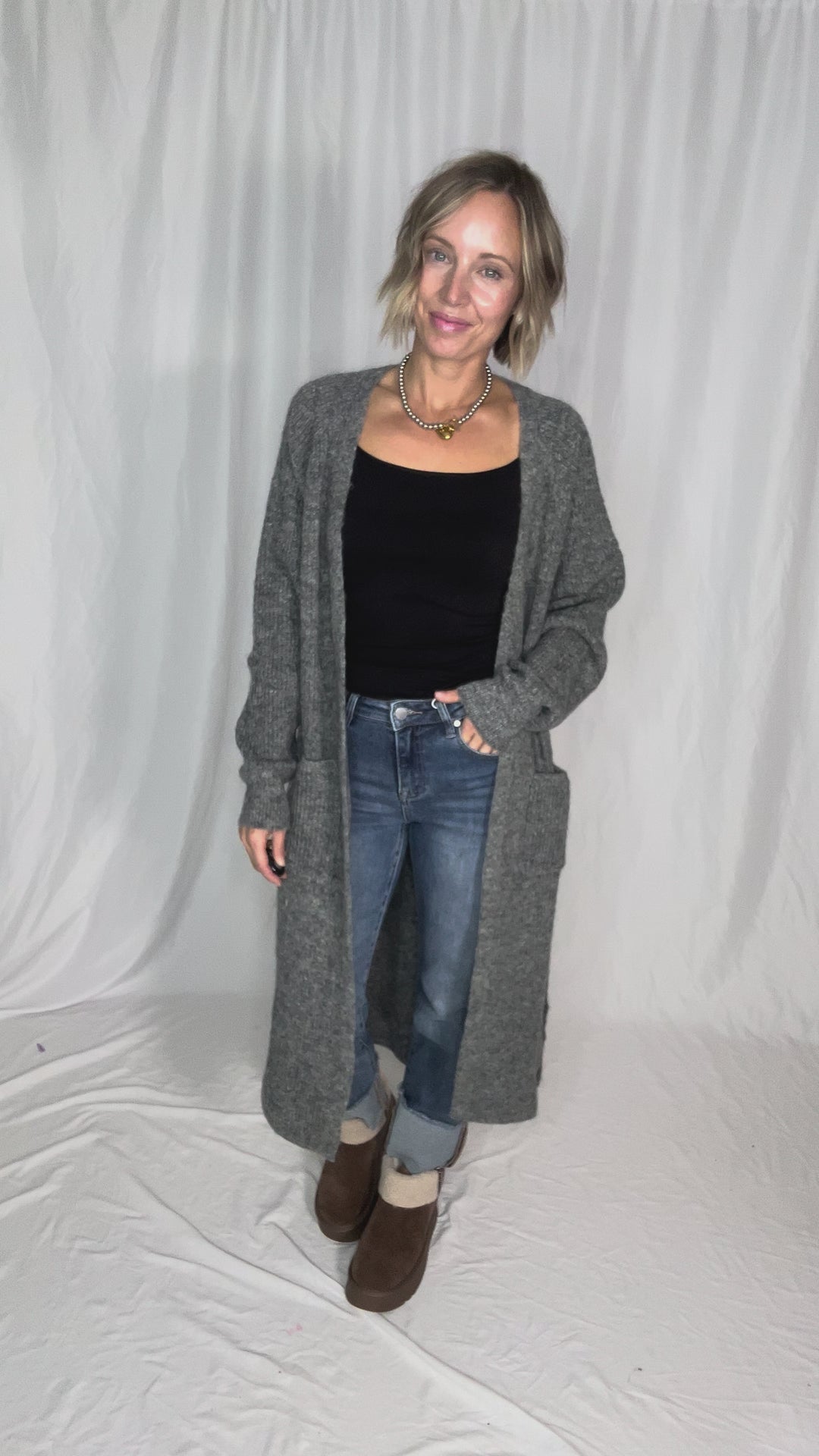 Alisa Longline Open Front Cardigan- CHARCOAL