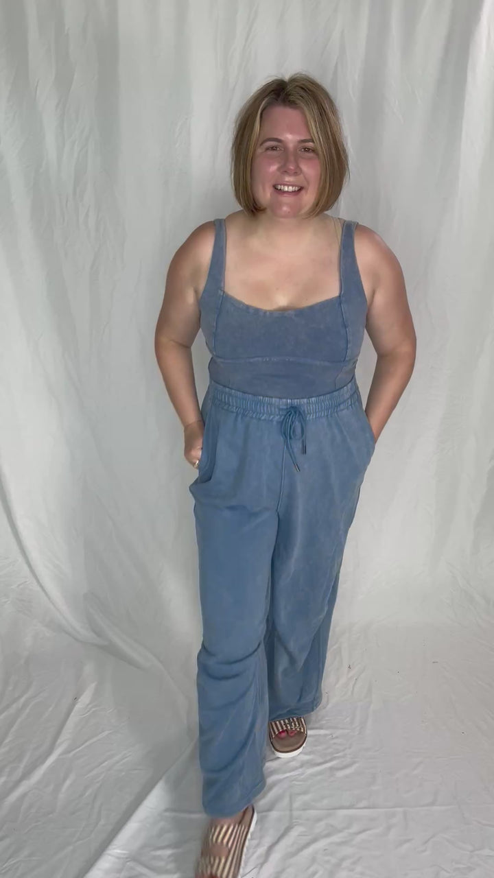 Farrah Mineral Wash Drawstring  Jumpsuit- DENIM