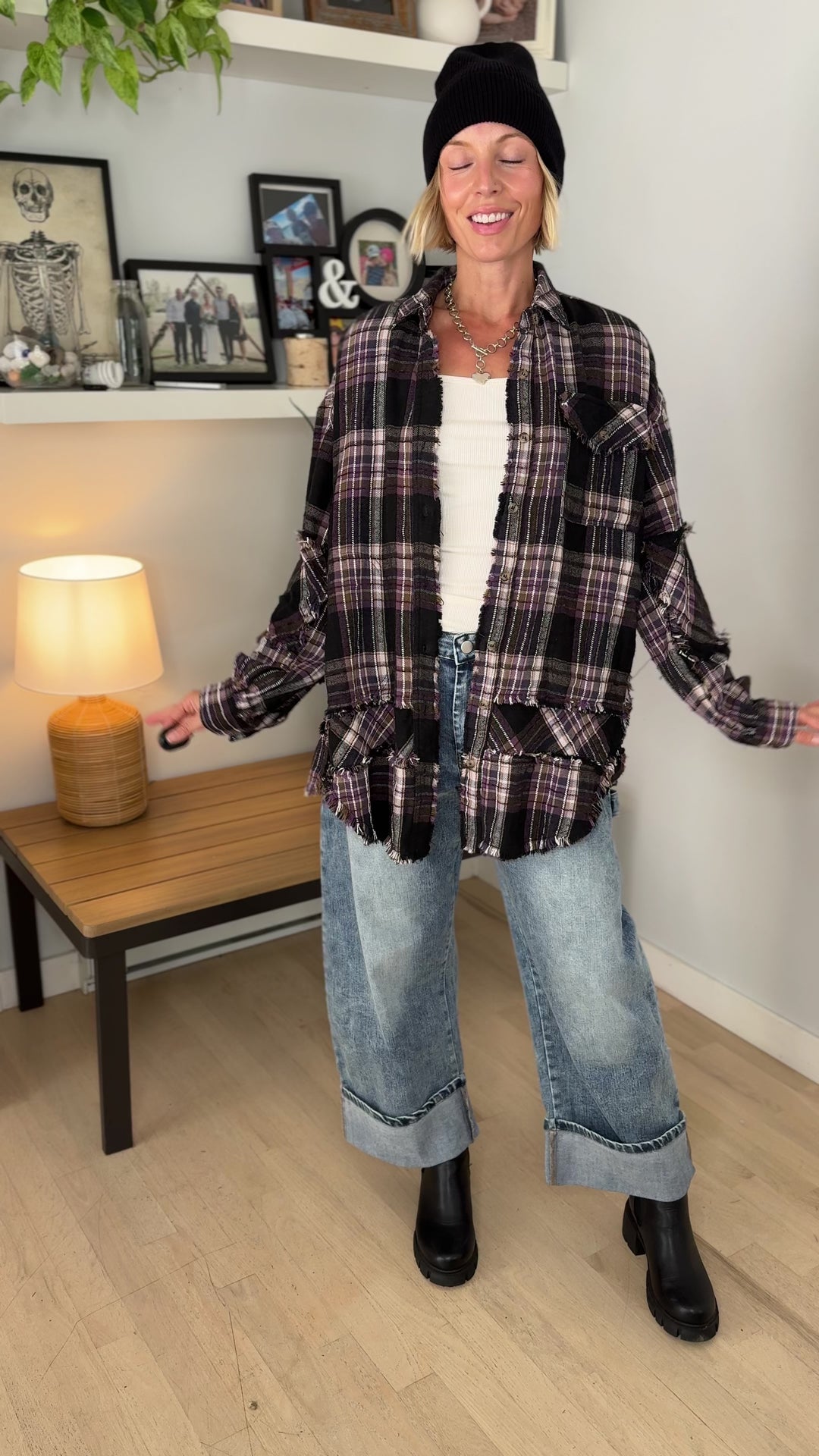Wildwood Raw Edge Oversized Plaid Shacket- PURPLE