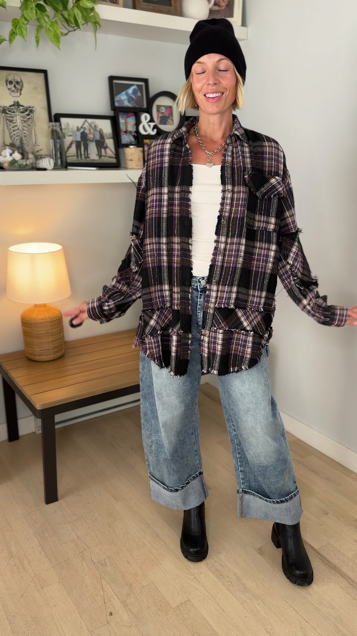 Wildwood Raw Edge Oversized Plaid Shacket- PURPLE