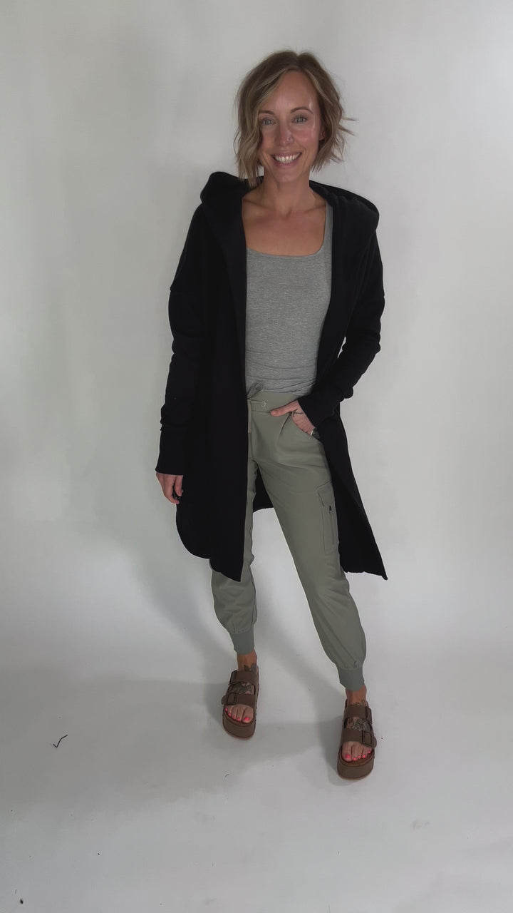 MONO B Whistler Longline Hoodie Cardigan- BLACK