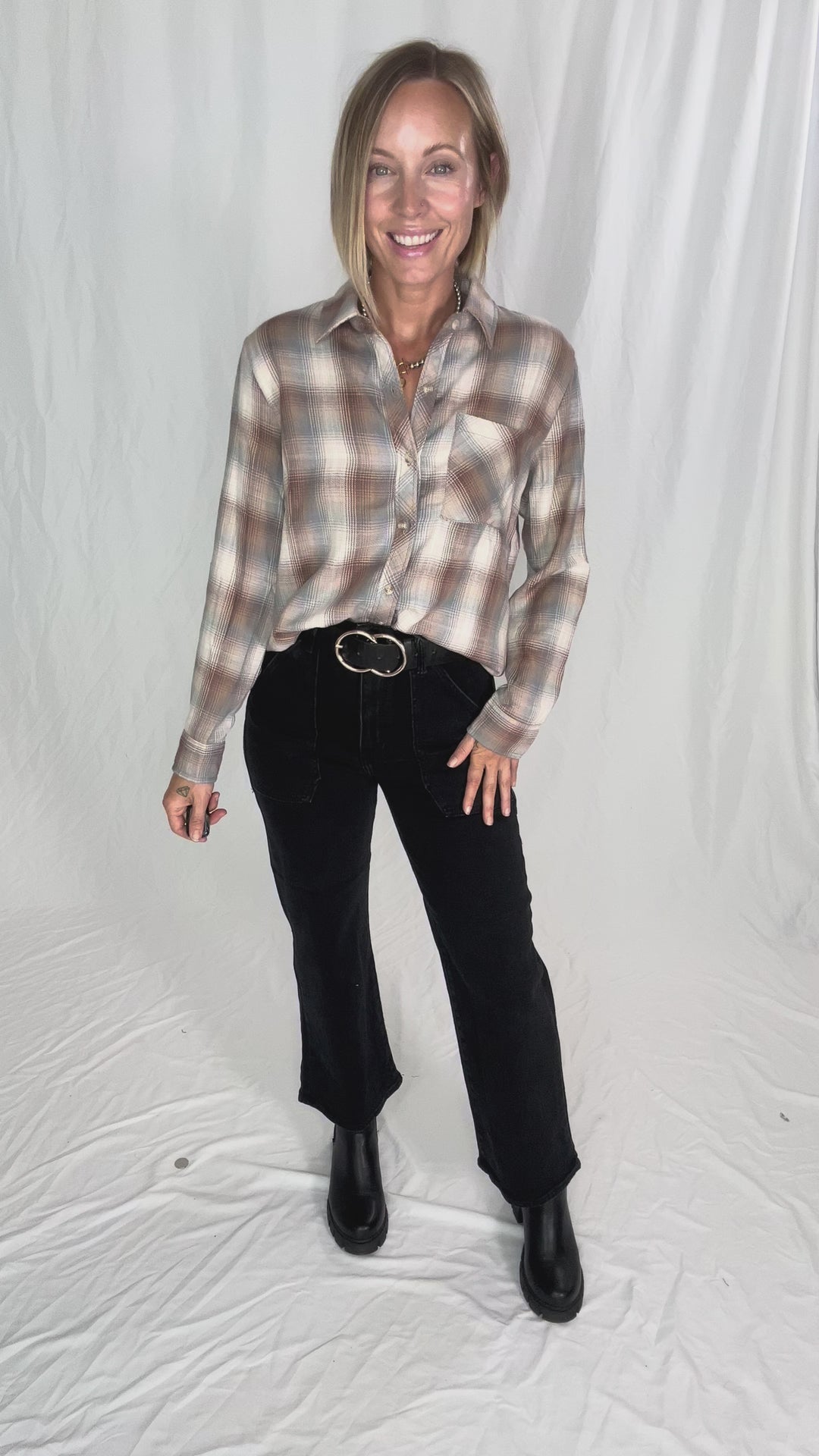 Miranda Plaid Button Down Long Sleeve- MOCHA