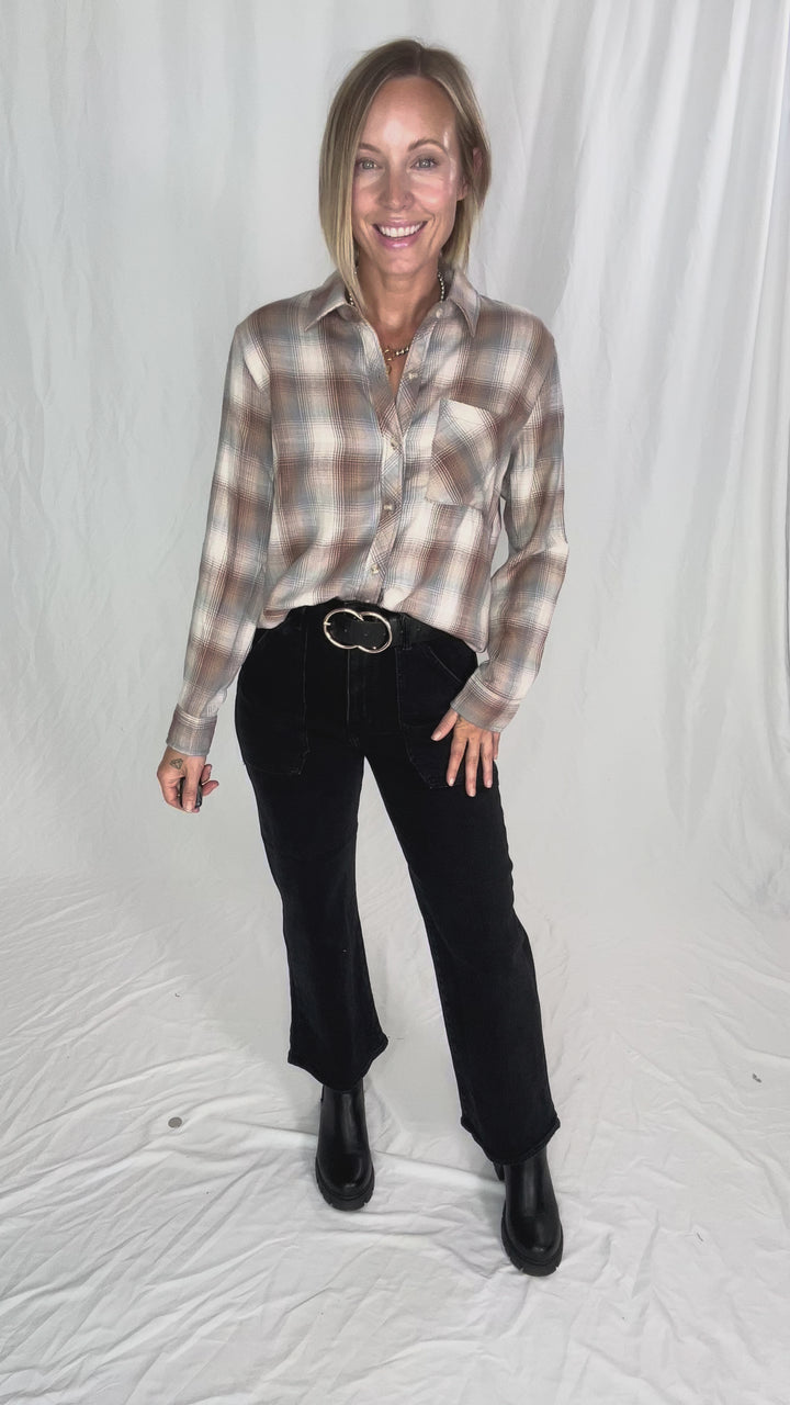 Miranda Plaid Button Down Long Sleeve- MOCHA