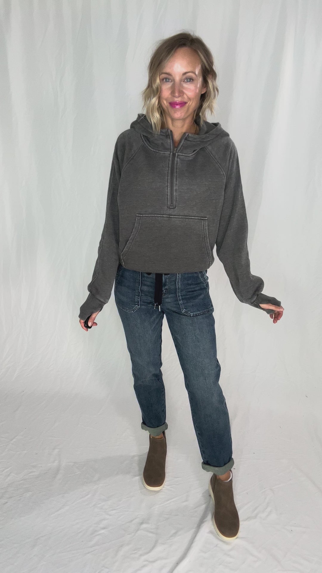 Ashleah 1/2 Zip Pullover Hoodie- ASH BLACK