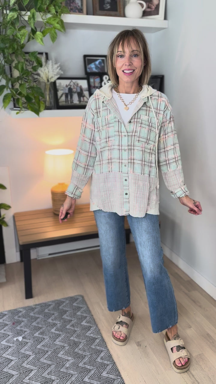Beatrice Cotton Gauze Hooded Plaid- WASHED SEAFOAM