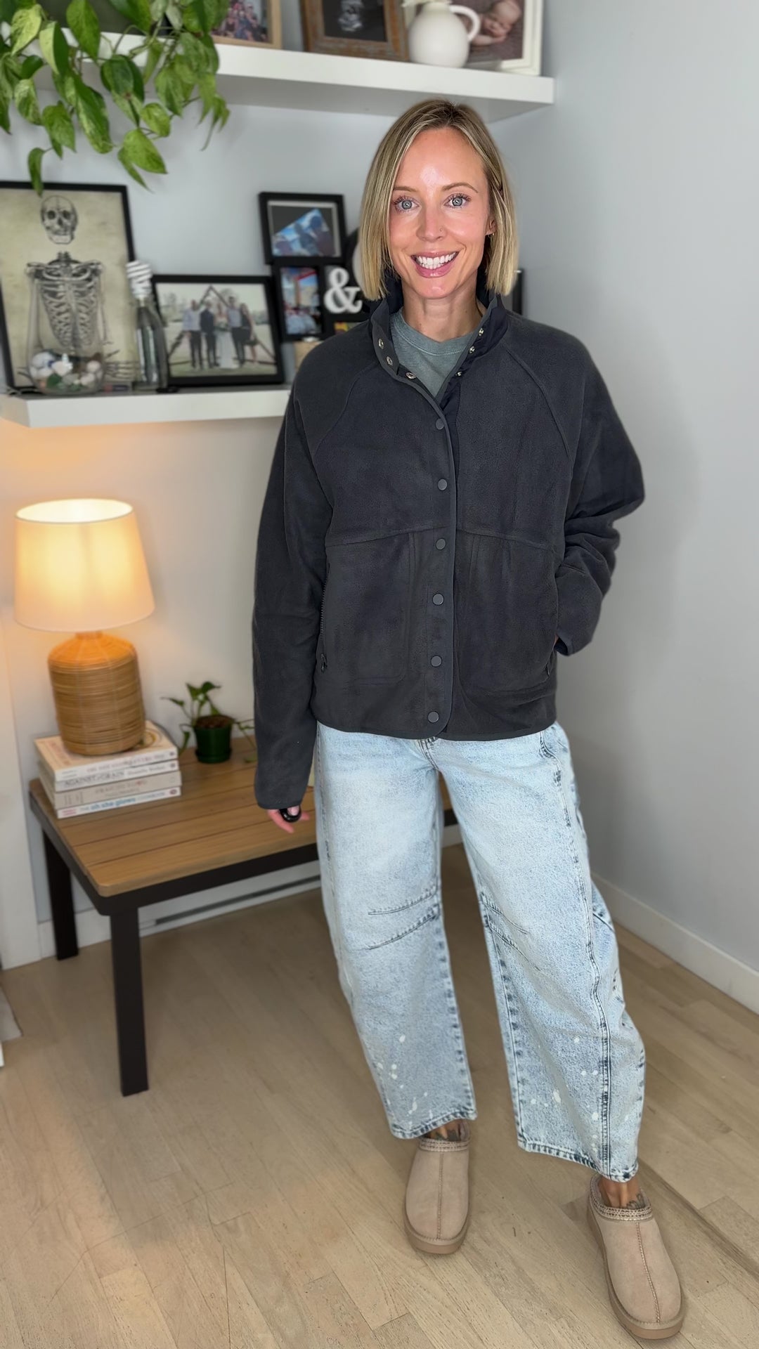 Janelle Snap Button Fleece Jacket- DARK GREY