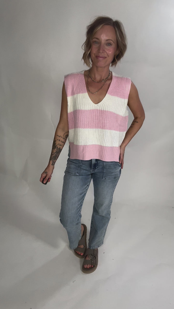 Kaleo Loose Fit Stripe Deep V-Neck Sweater Top-BLUSH/IVORY-FINAL SALE