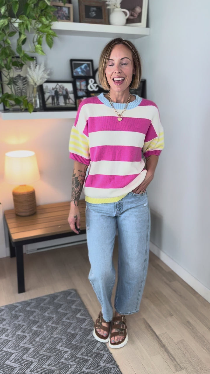 Feel Good Cotton Sweater Top- FUCHSIA/LEMON