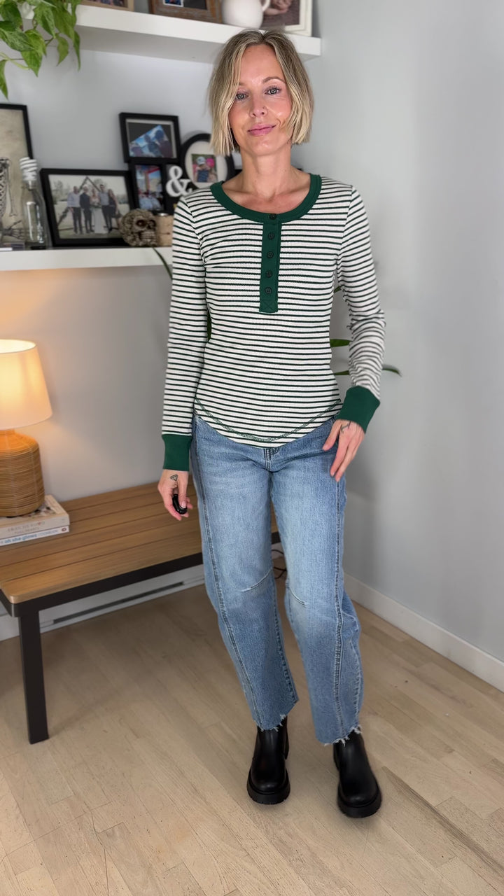 Aurora Waffle Henley Long Sleeve- GREEN/OATMEAL